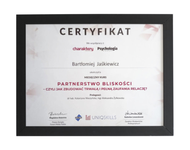 Certyfikat ukończenia kursu dot. partnerstwa i bliskości - terapeuta Bartłomiej Jaśkiewicz