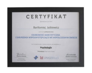 Certyfikat ukończenia kursu - szkolenia terapeutycznego dla terapeuty Bartłomieja Jaśkiewicza